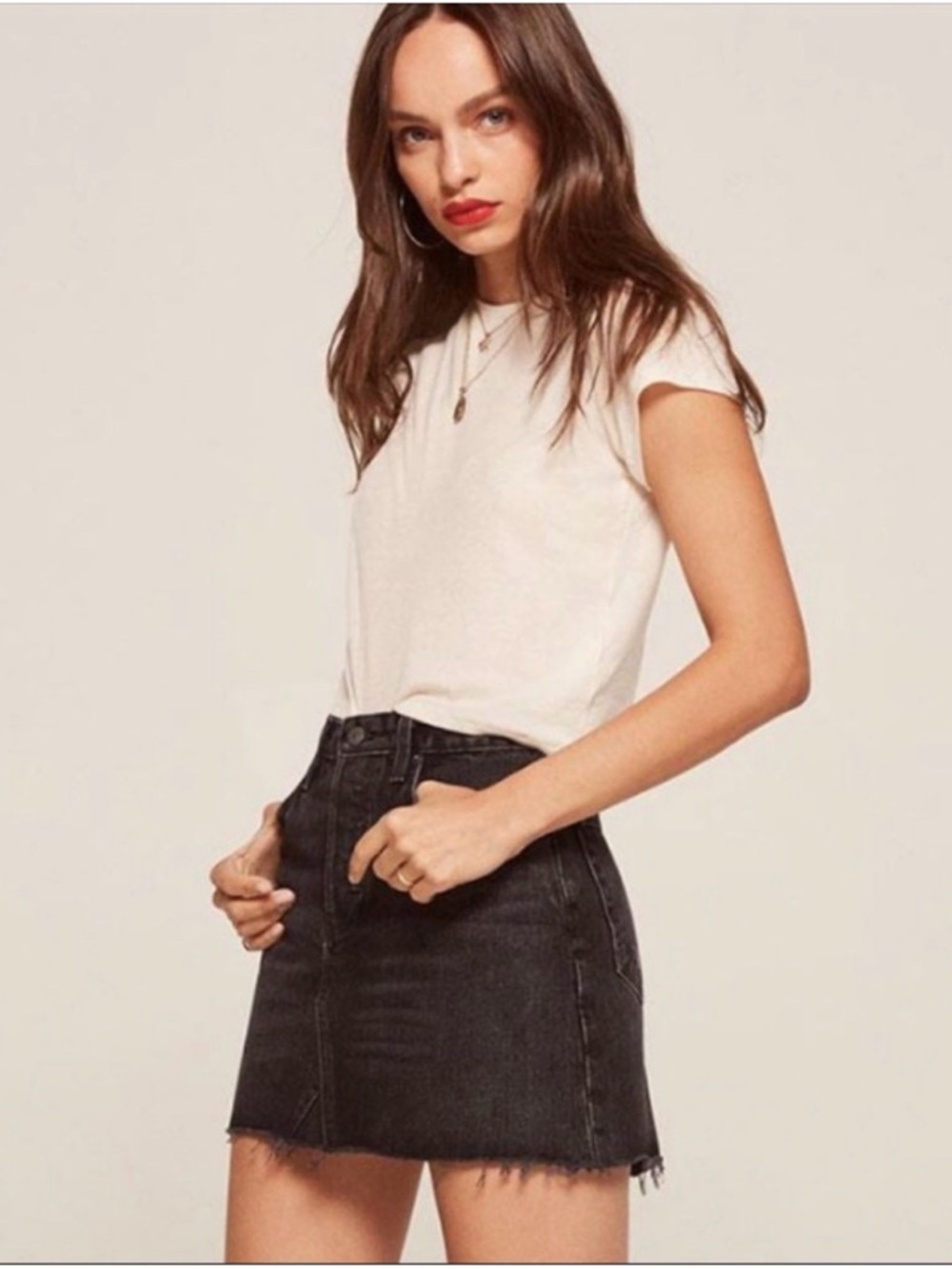 Reformation Denim Retooled Mini Skirt Pacific Washed Black 27 Raw Hem Distressed - Picture 3 of 16
